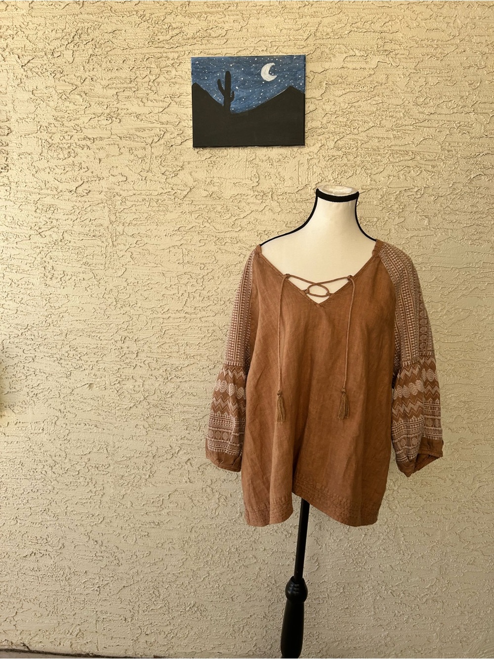 Wrap London Rust-Tan Embroidered Lace-Up Peasant Tunic - Picture 2 of 7